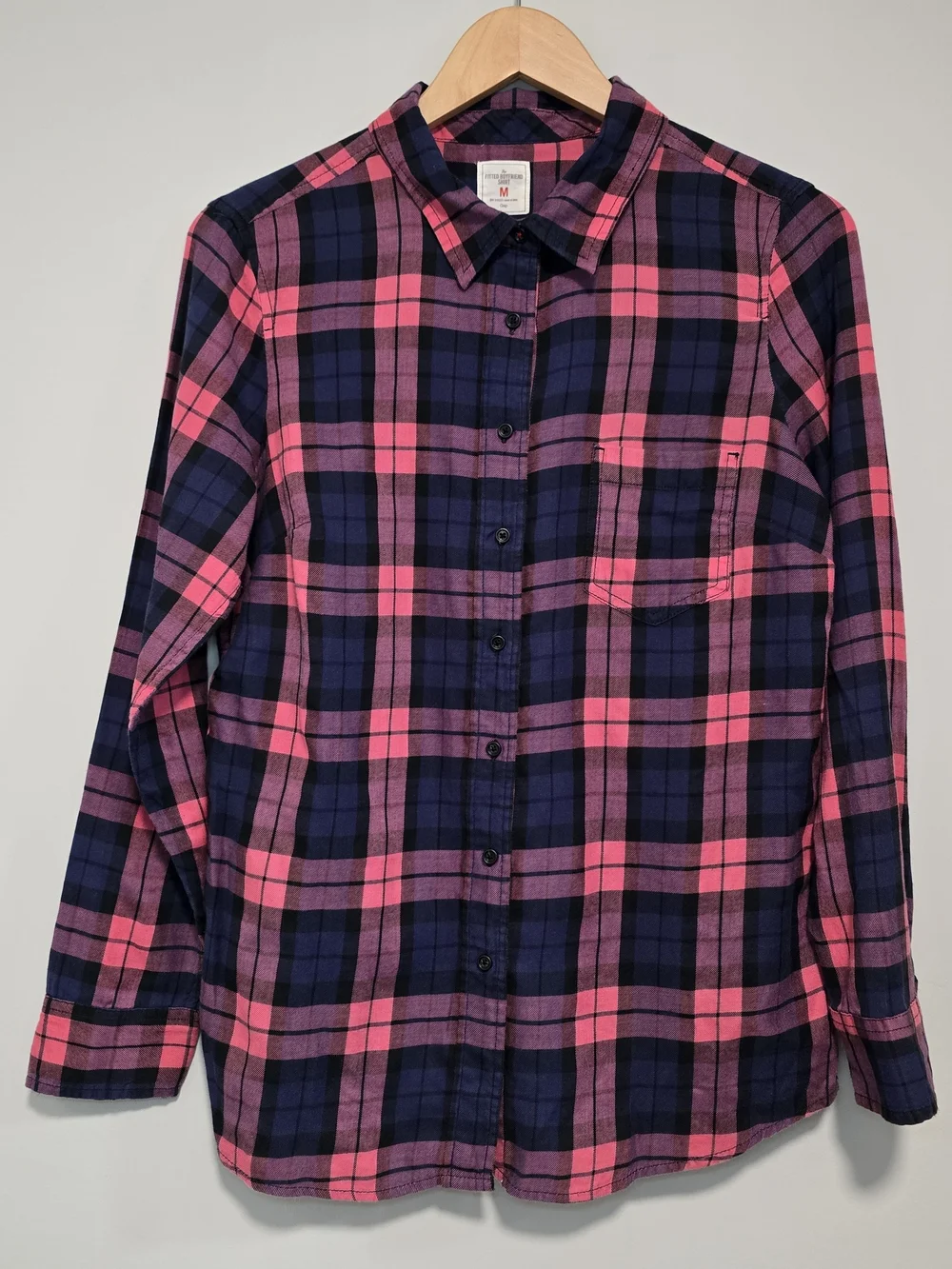 Women’s Pink and Navy Plaid Button-Up Shirt Boyfriend Style Lightweight.